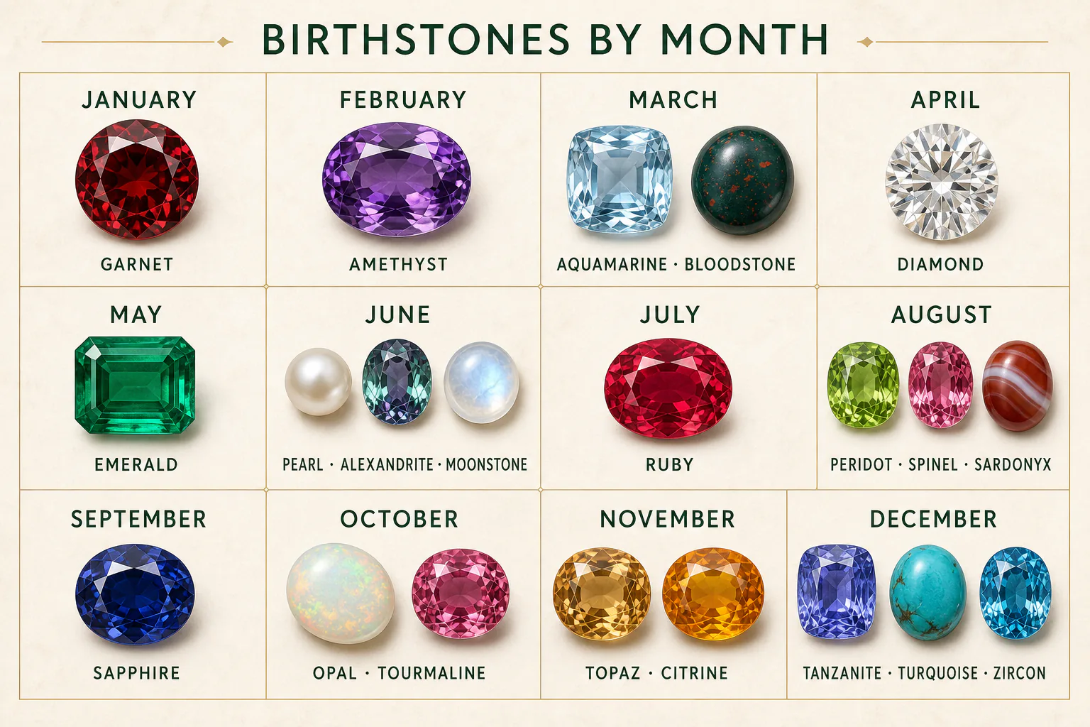 Birthstones by month chart showing garnet, amethyst, aquamarine and bloodstone, diamond, emerald, pearl alexandrite and moonstone, ruby, peridot spinel and sardonyx, sapphire, opal and tourmaline, topaz and citrine, and tanzanite turquoise and zircon