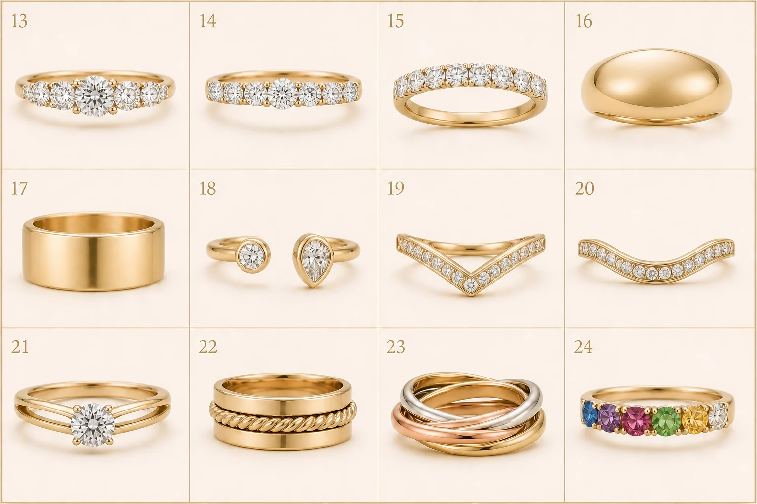 Twelve additional numbered ring-style examples, including a seven-stone ring with exactly seven diamonds