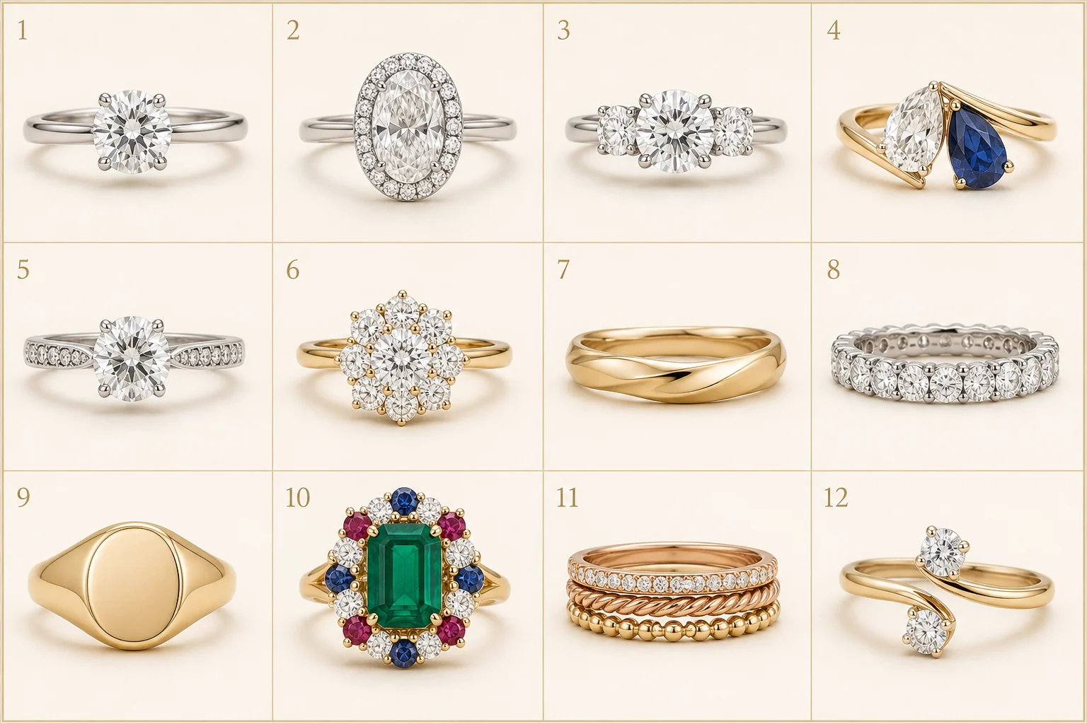 Twelve numbered ring examples arranged in a four-column by three-row visual guide