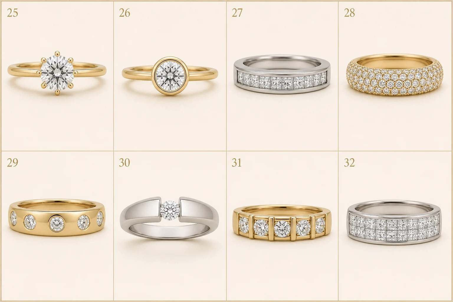 Eight setting-led ring styles including prong, bezel, channel, pavé, flush, tension-style, bar, and invisible-set rings