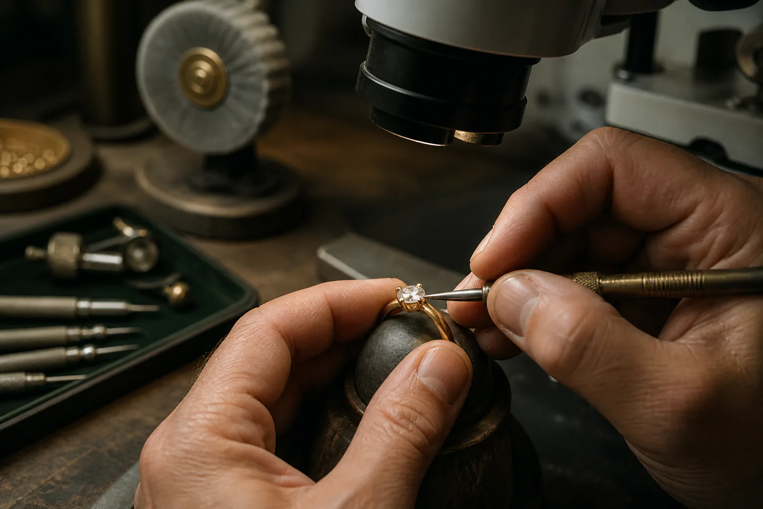 Jeweler carefully working on a ring at the bench